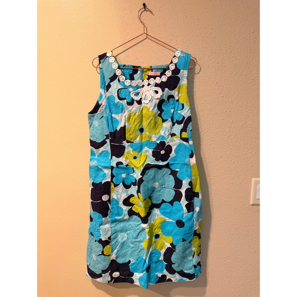 Lilly Pulitzer Dress Women 6 Blue Floral 92862W Seersucker Lace Shift Preppy - Picture 4 of 9